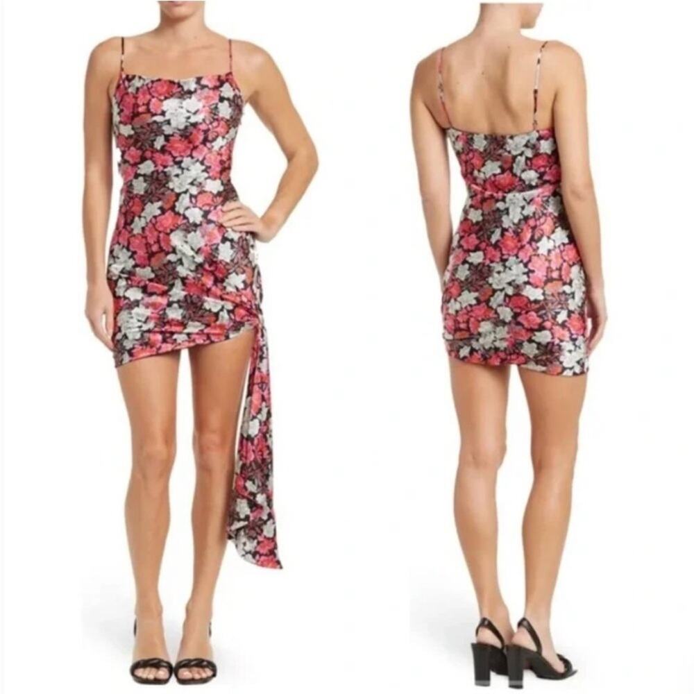 Cinq a Sept Black Floral 100% Silk Mini Slip Dress w/ Side Tie